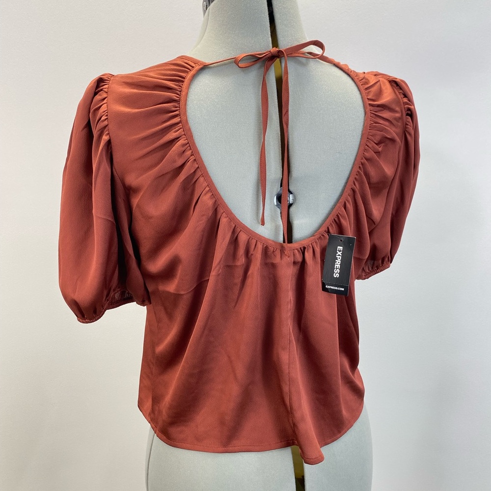 NWT Crop Satin Puff Sleeve Open Tie Back Romantic Whimsigoth Boho Earthy Autumn